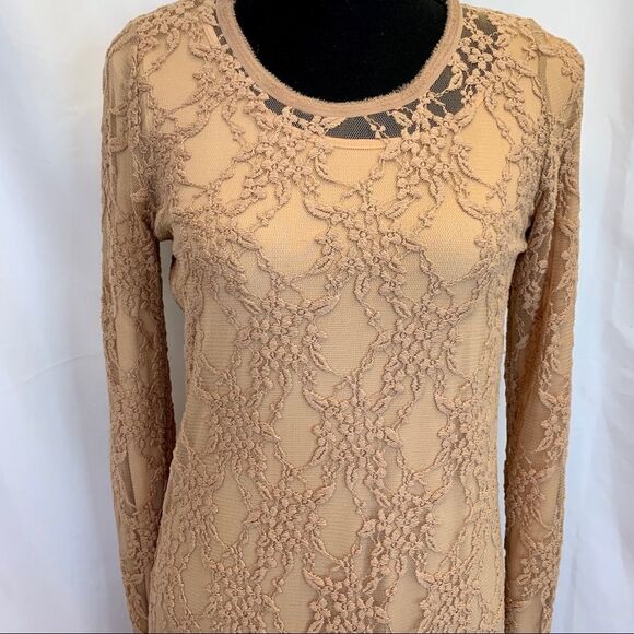 Nissa beige lace overlay stretchy long sleeve dress size US 8 - Picture 5 of 11